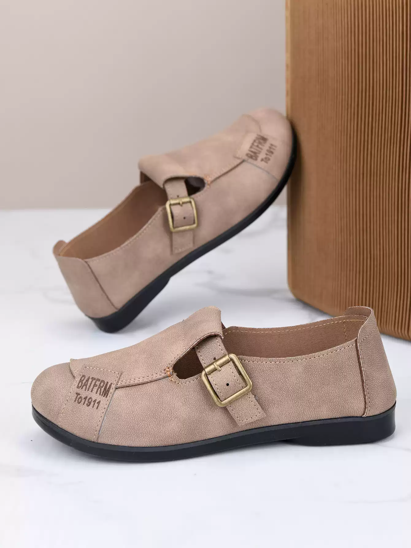 Classic Khaki Beige Buckle Flats – Everyday Comfort Shoes