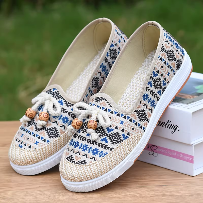 Ethnic Style Canvas Casual Shoes for Women – Summer Breathable, Comfortable Slip-On Flats with Woven Rope Knot and Wooden Bead Decoration