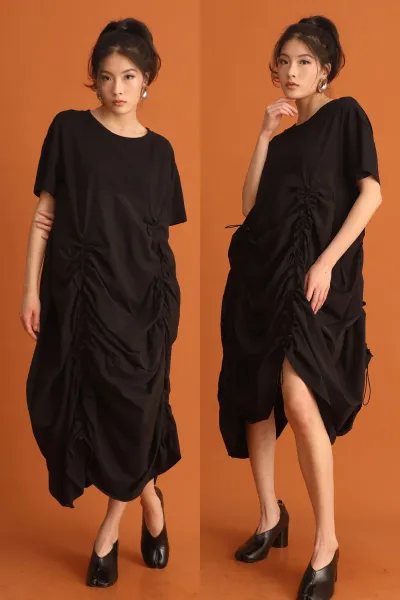CHOSEN – Jiwon Ruched Drawstring Dress in Black